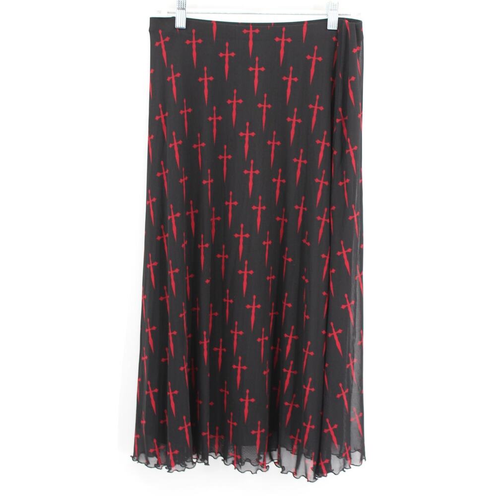 Social Collision Black & Red Dagger Mesh Midi Skirt Medium
